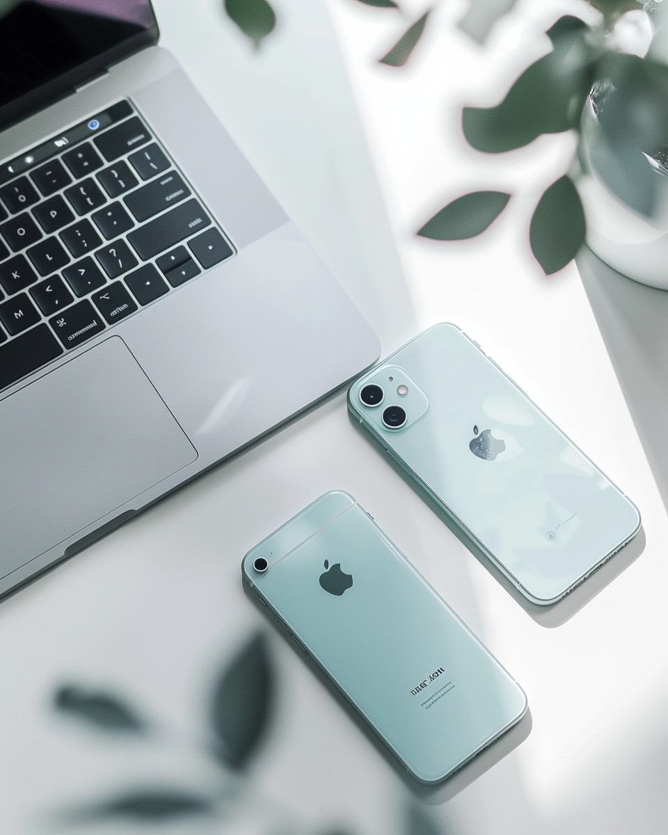 Overhead tech setup with laptop and iPhones reinforces the directory optimization and digital tools theme, visually distin...