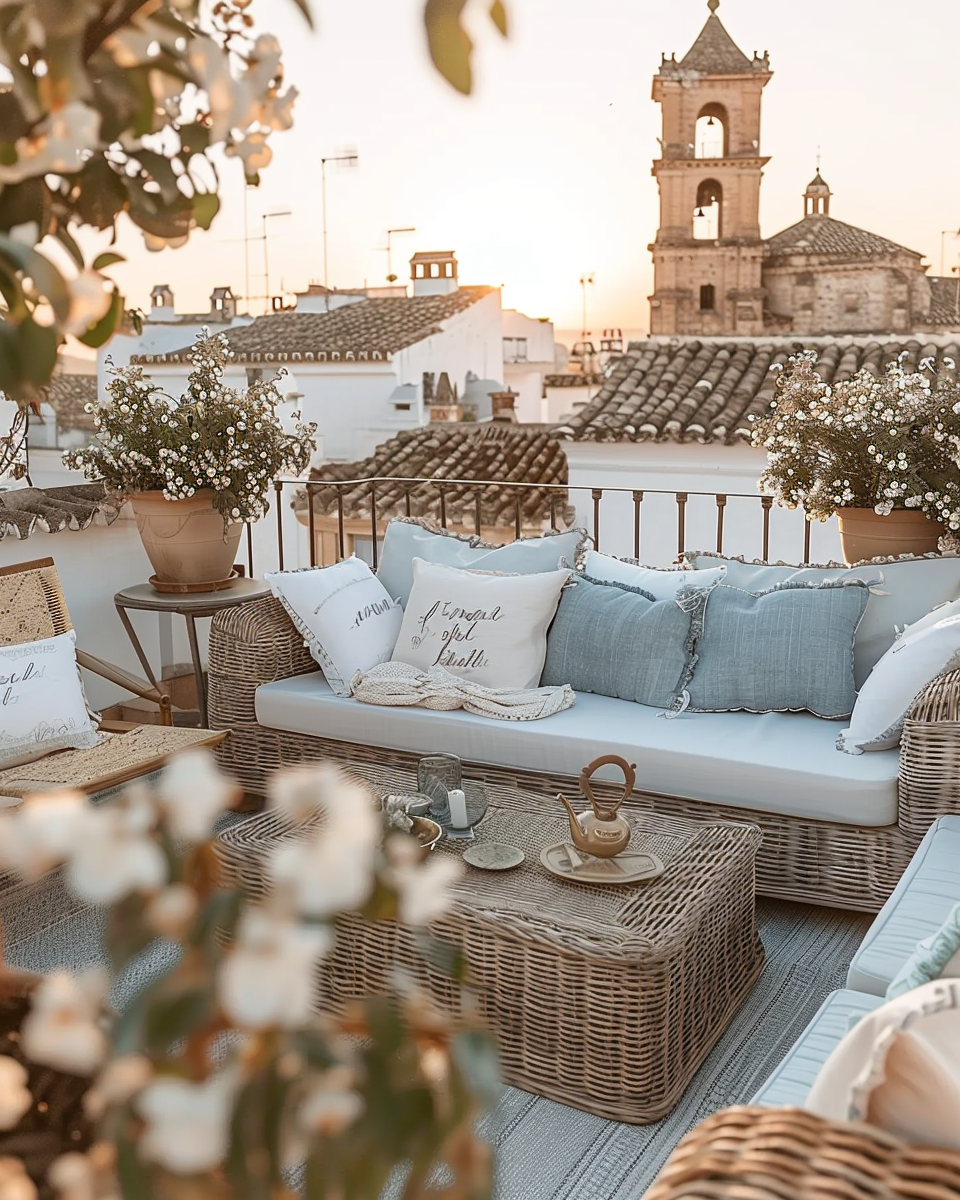 Cozy rooftop terrace with wicker furniture and city views representing therapist work-life balance