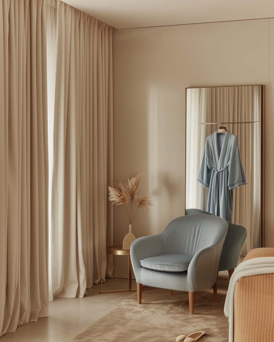 Serene bedroom with pale blue armchair, full-length mirror, and neutral curtains — a calm space for rest and recovery