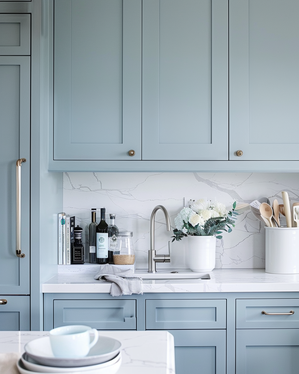 Serene blue kitchen with marble backsplash representing work-life balance for mental health professionals