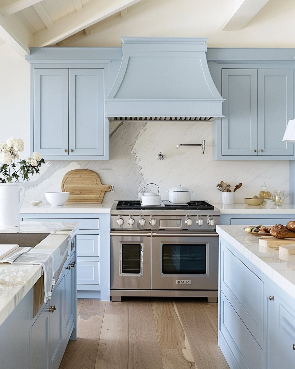 Light blue kitchen with stainless steel range, marble countertops, and hardwood floors in a modern home