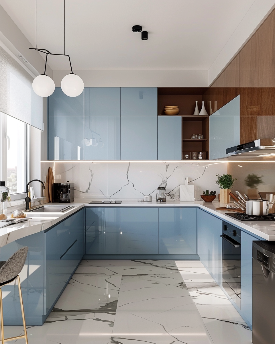 Bright modern kitchen with light blue cabinets and marble countertops, symbolizing a clean and organized workspace