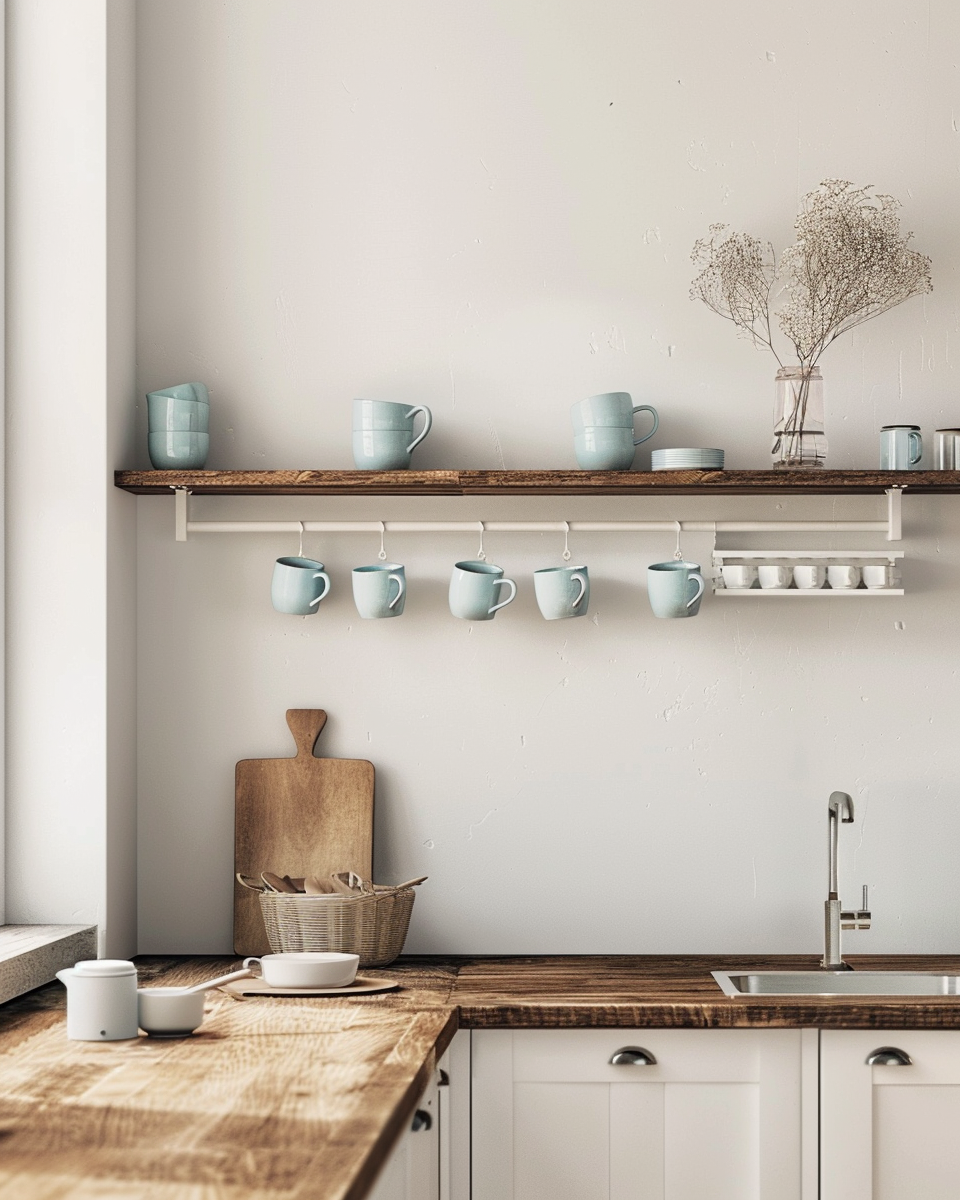 Minimalist kitchen with wooden countertop and white cabinets representing work-life balance for therapists