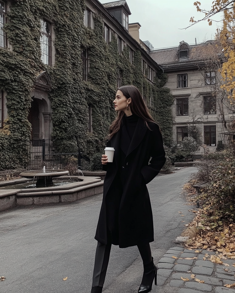 Woman in black coat walking confidently past ivy-covered building in autumn, representing therapist freedom and autonomy