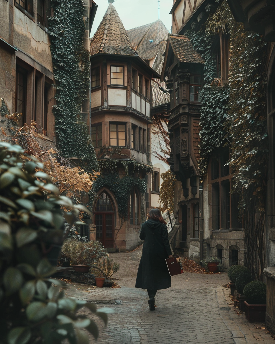 Woman walking a narrow ivy-covered European cobblestone street, reflecting a therapist's journey beyond limits