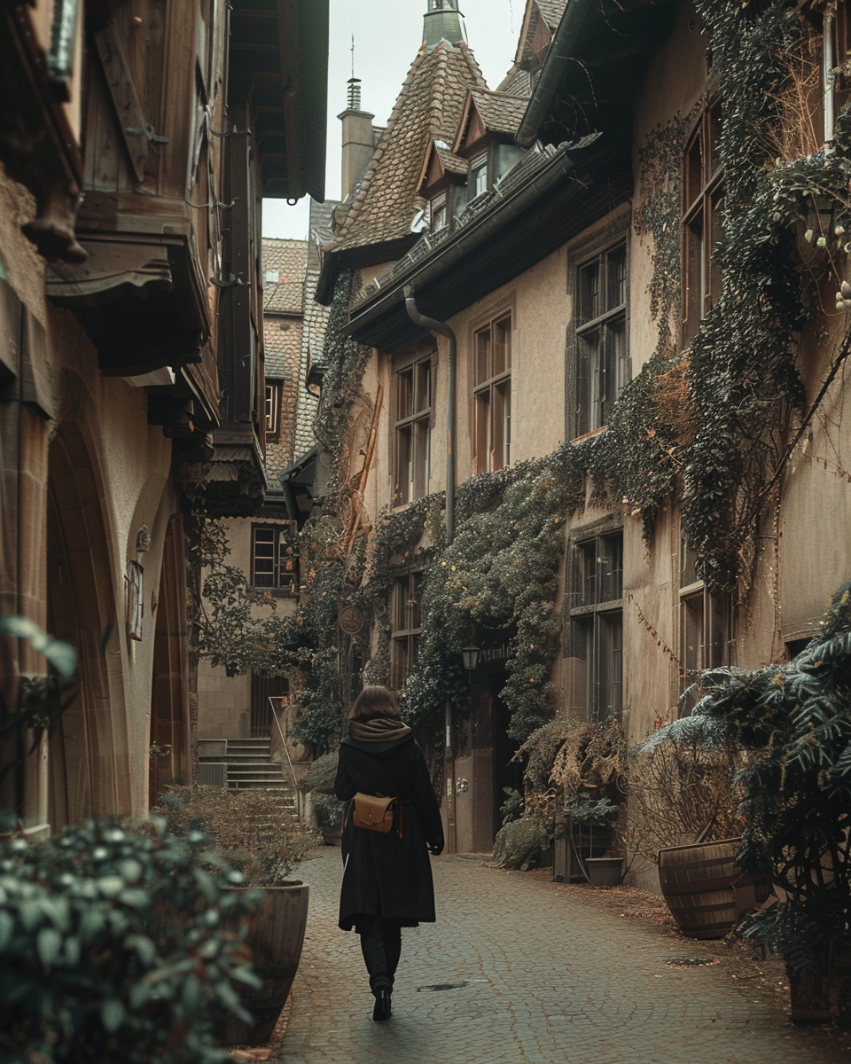 Person walking cobblestone alley with ivy-covered buildings in historic European town