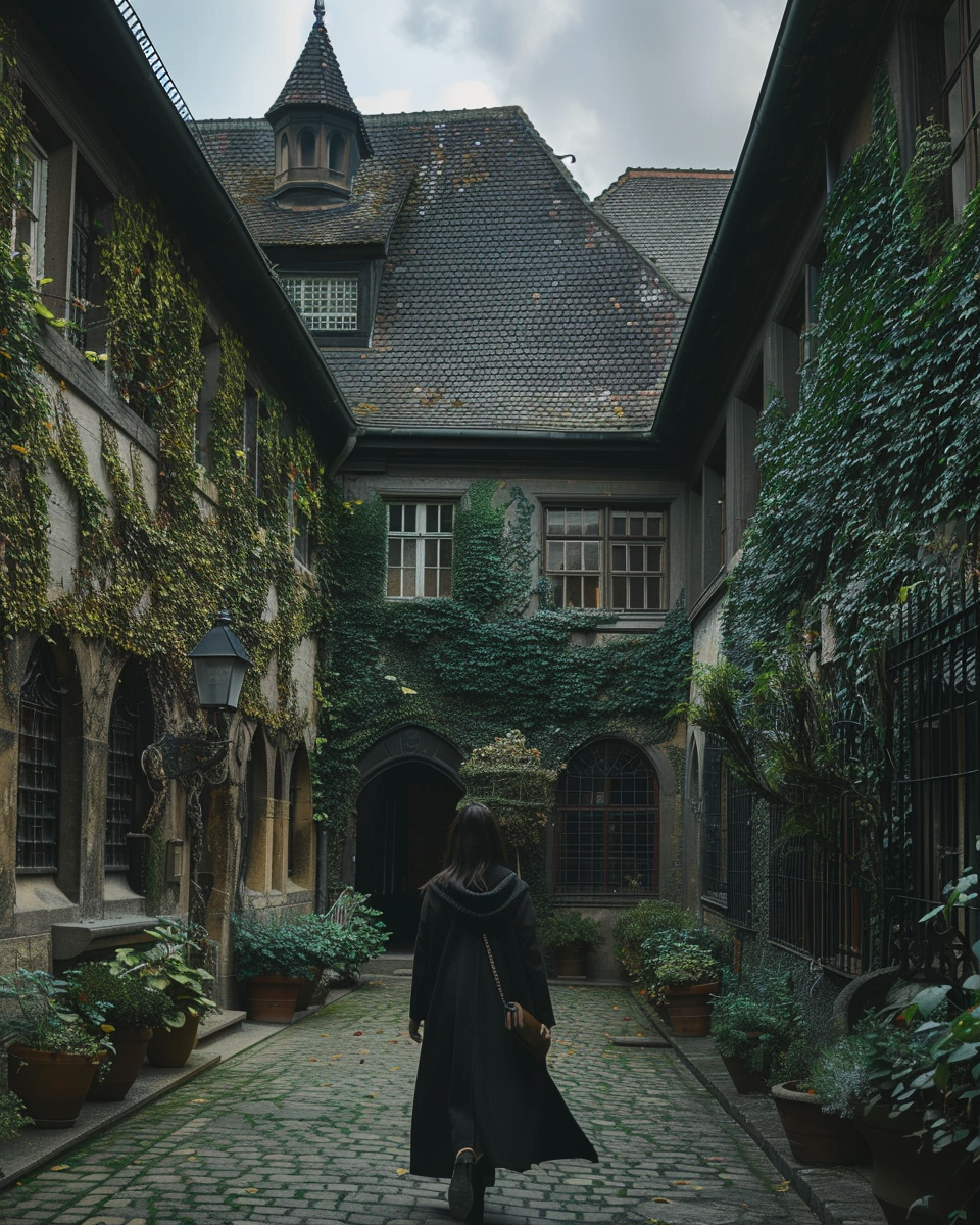 Person walking through ivy-covered cobblestone alley representing journey toward mental wellness