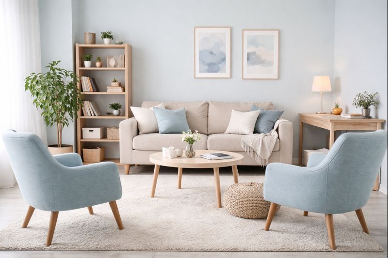 Calm therapy office with neutral sofa, armchairs, and bookshelf creating peaceful client environment