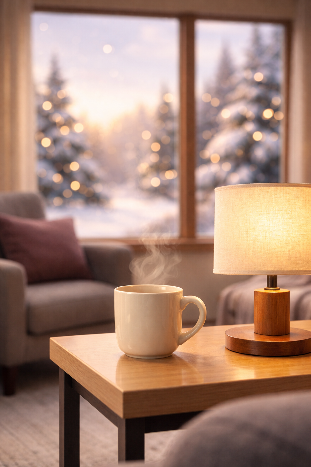 Steaming mug on wooden table beside a lamp with snowy window view, therapist enjoying work-life balance