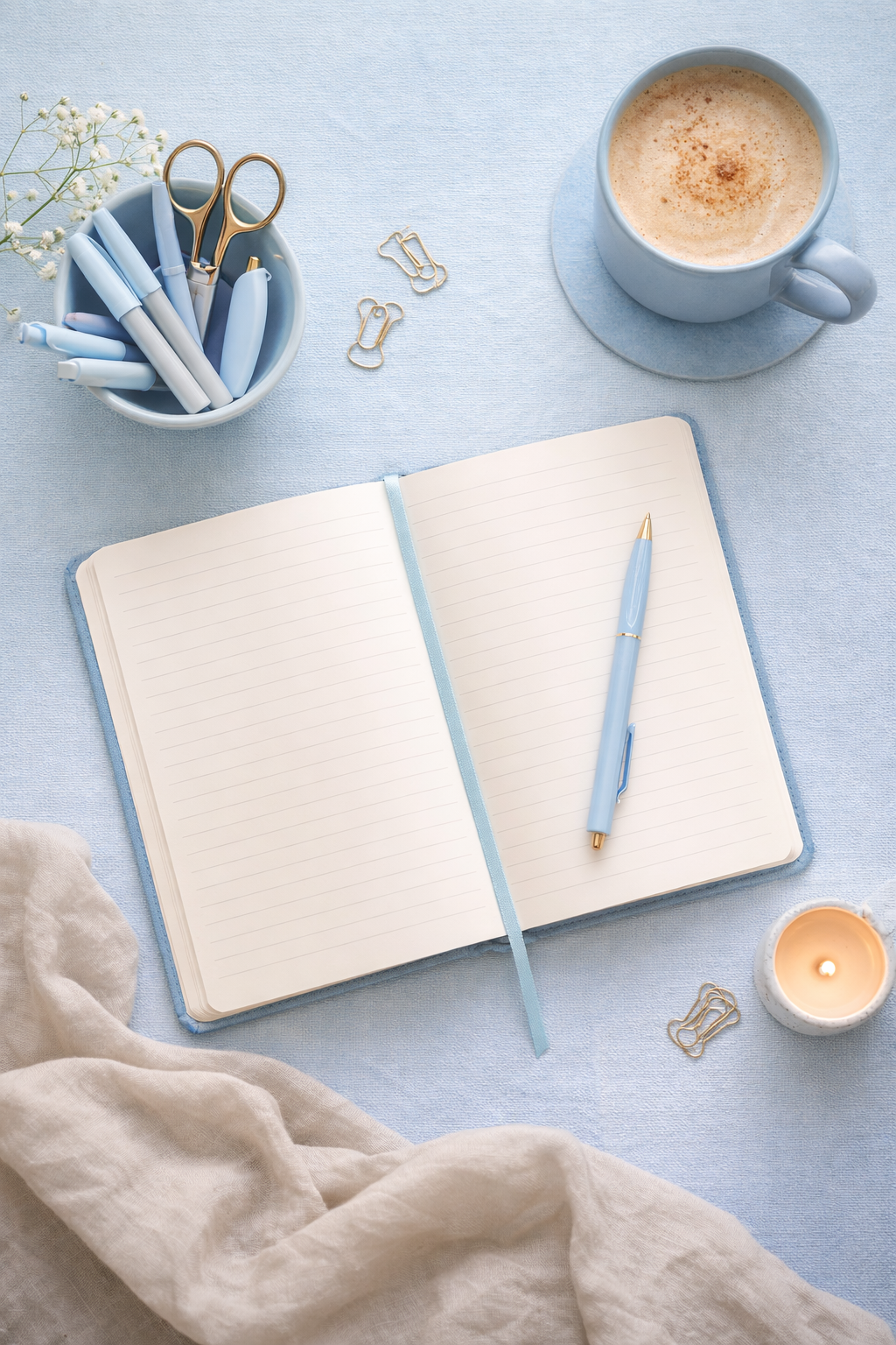 Minimalist flat lay with notebook, pen, and coffee on blue surface for therapy practice planning