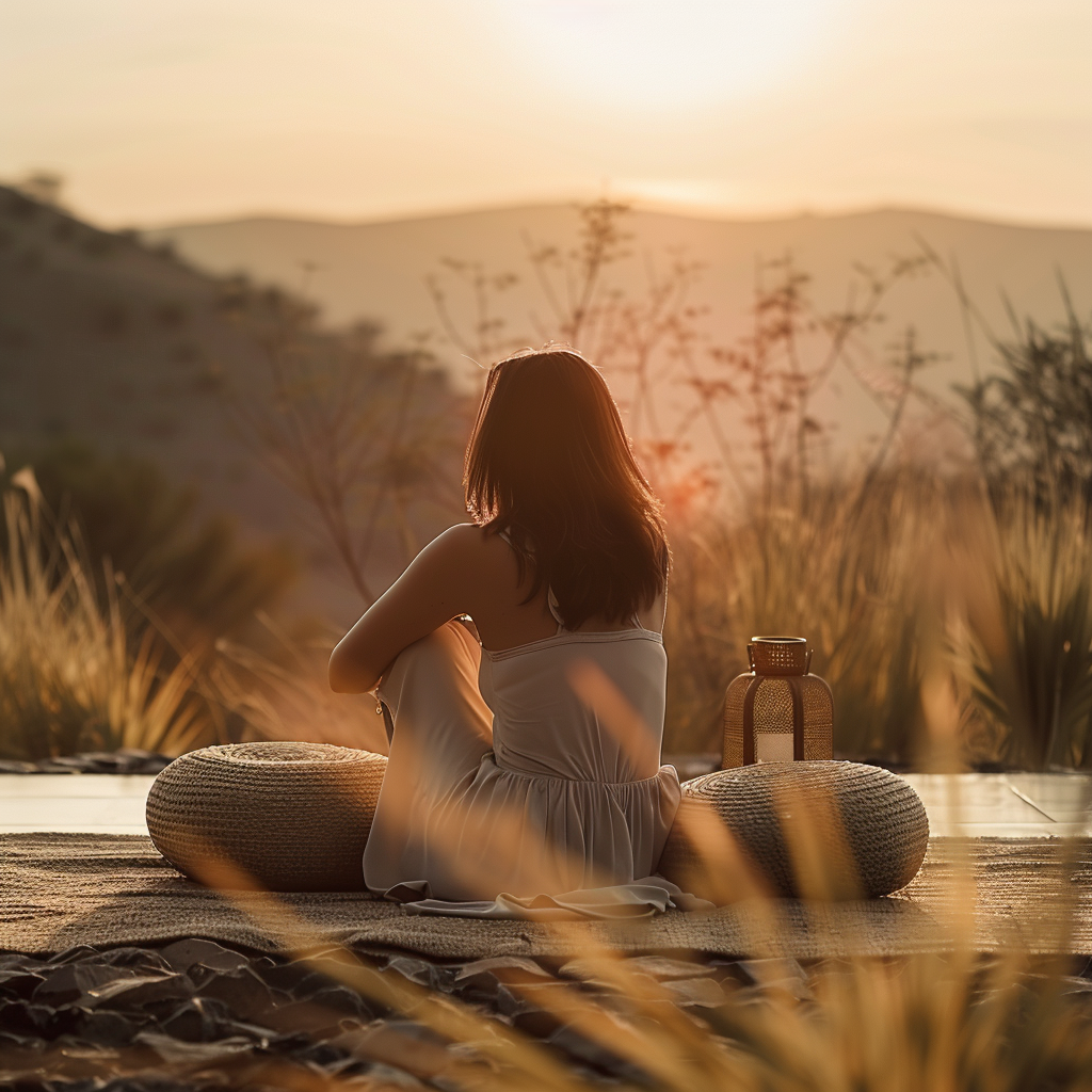 Person meditating outdoors at sunset demonstrating mindfulness and mental health self-care practices