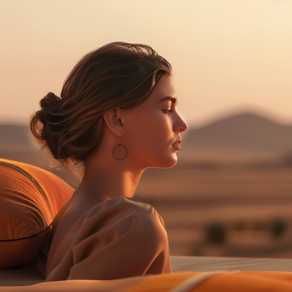 Woman with eyes closed in golden sunlight outdoors, conveying calm and restoration for burned-out practitioners