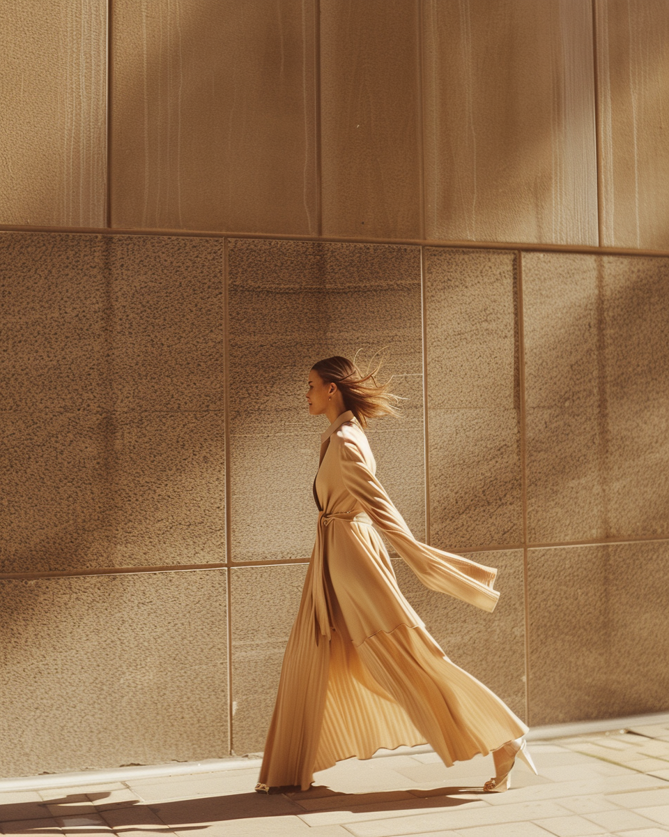 Woman in flowing dress walking confidently along a sidewalk, representing freedom in private practice