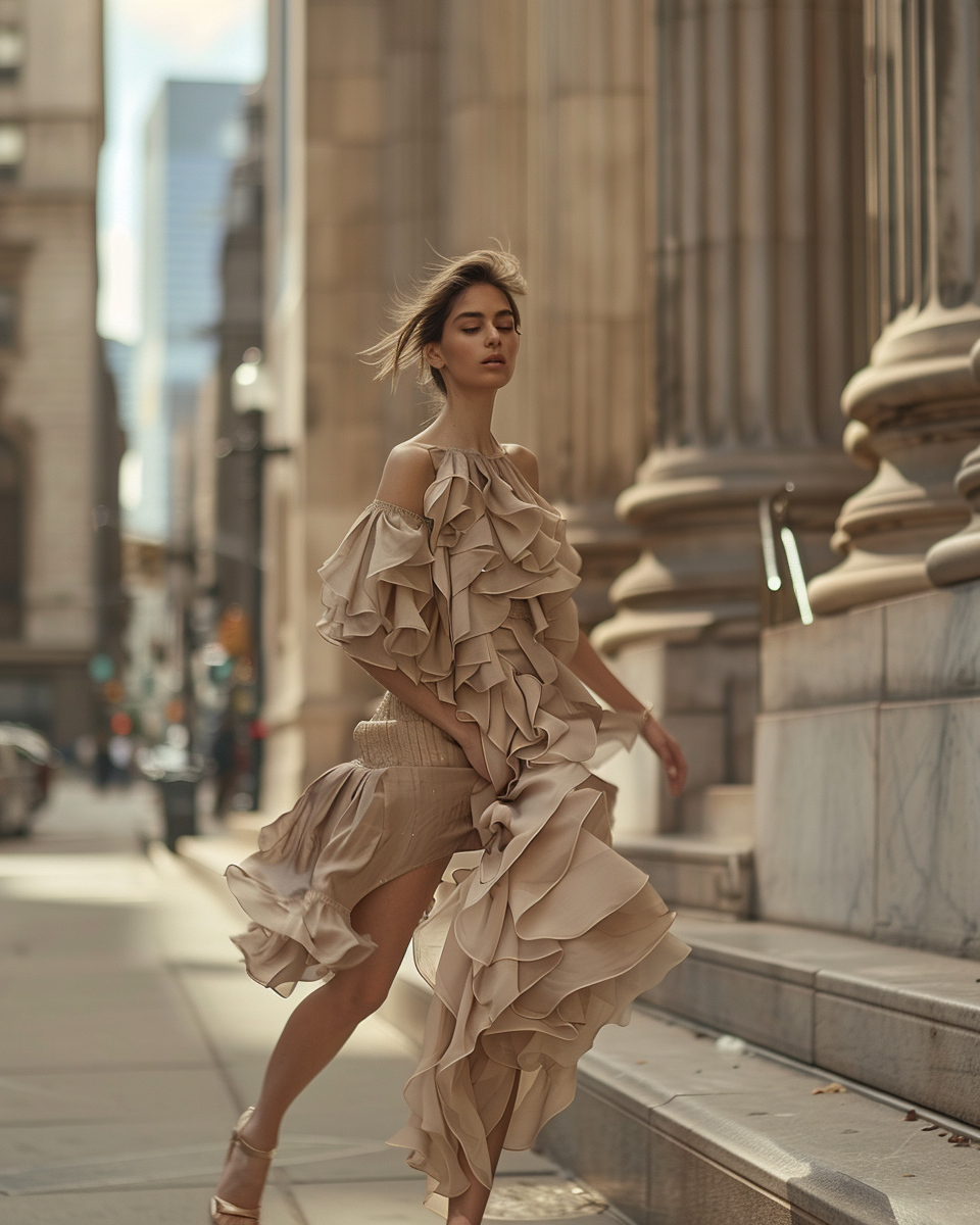 Woman in elegant beige ruffled dress on city street representing professional therapist confidence
