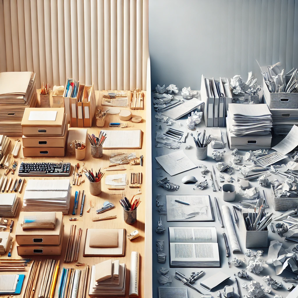 Split image of a neatly organized desk beside a cluttered one, illustrating how automation transforms private practice admin