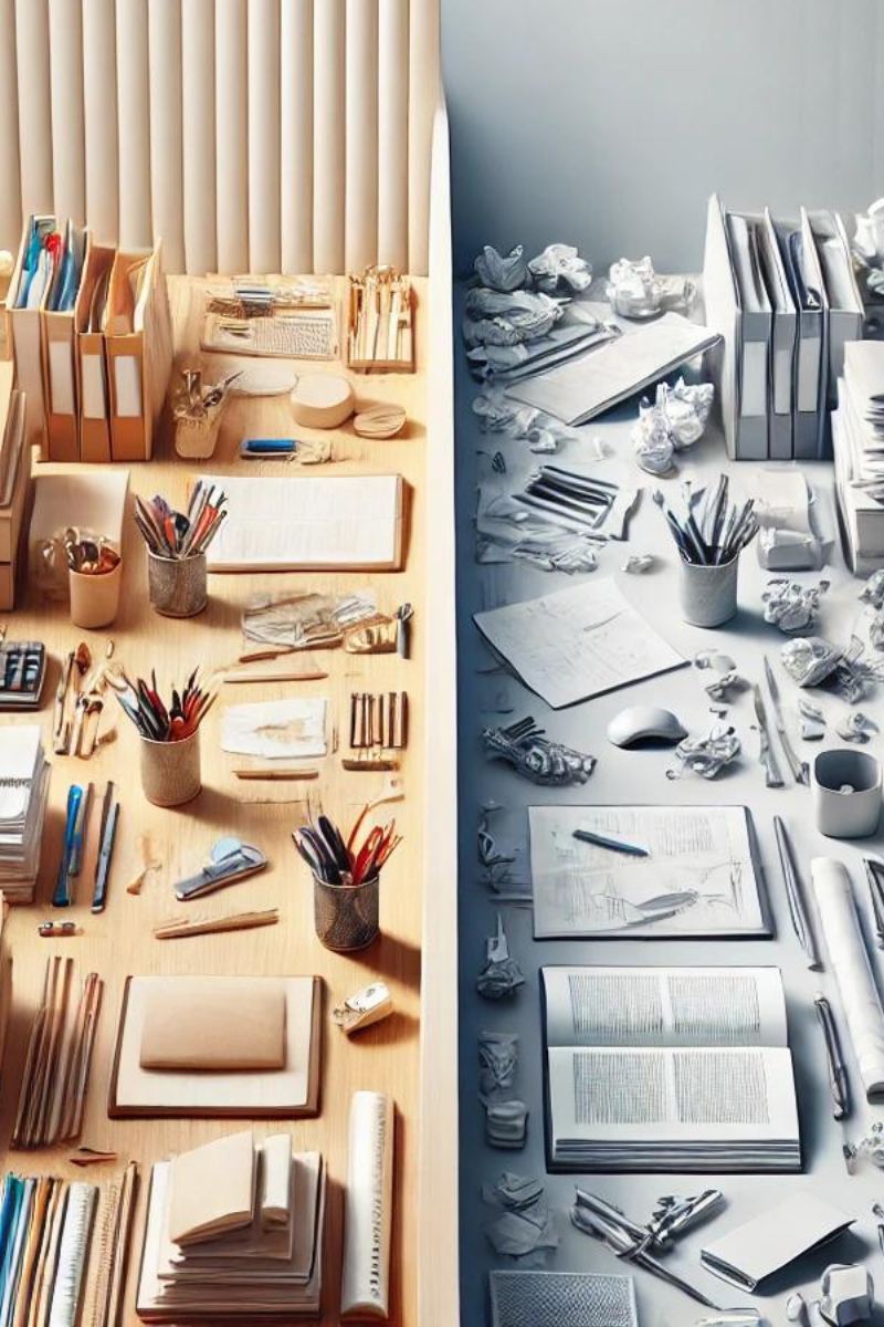 Split desk showing chaotic clutter on one side and neatly organized stationery on the other, illustrating practice automat...