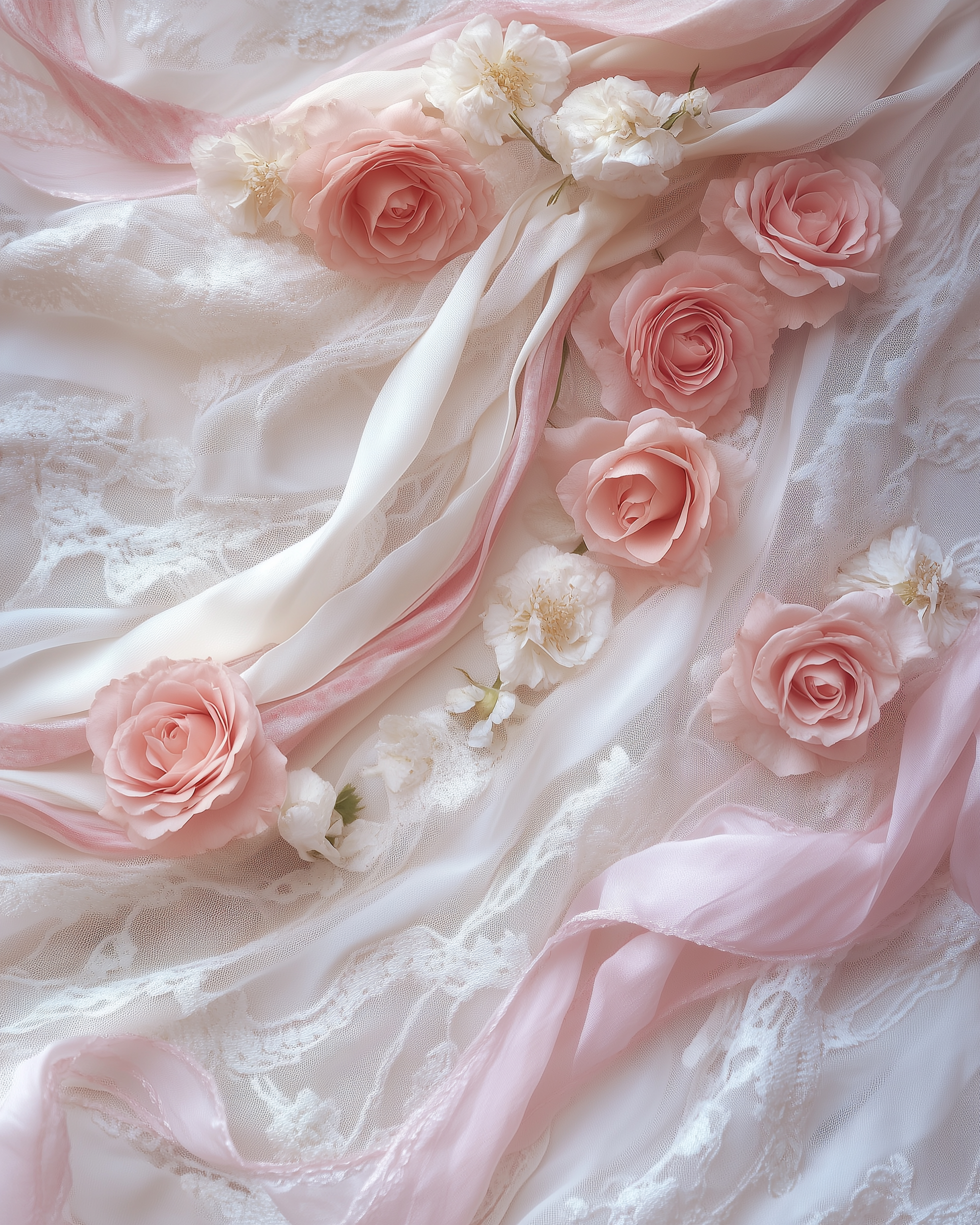 Soft pink roses and white flowers on lace fabric symbolizing gentle therapeutic care and compassion