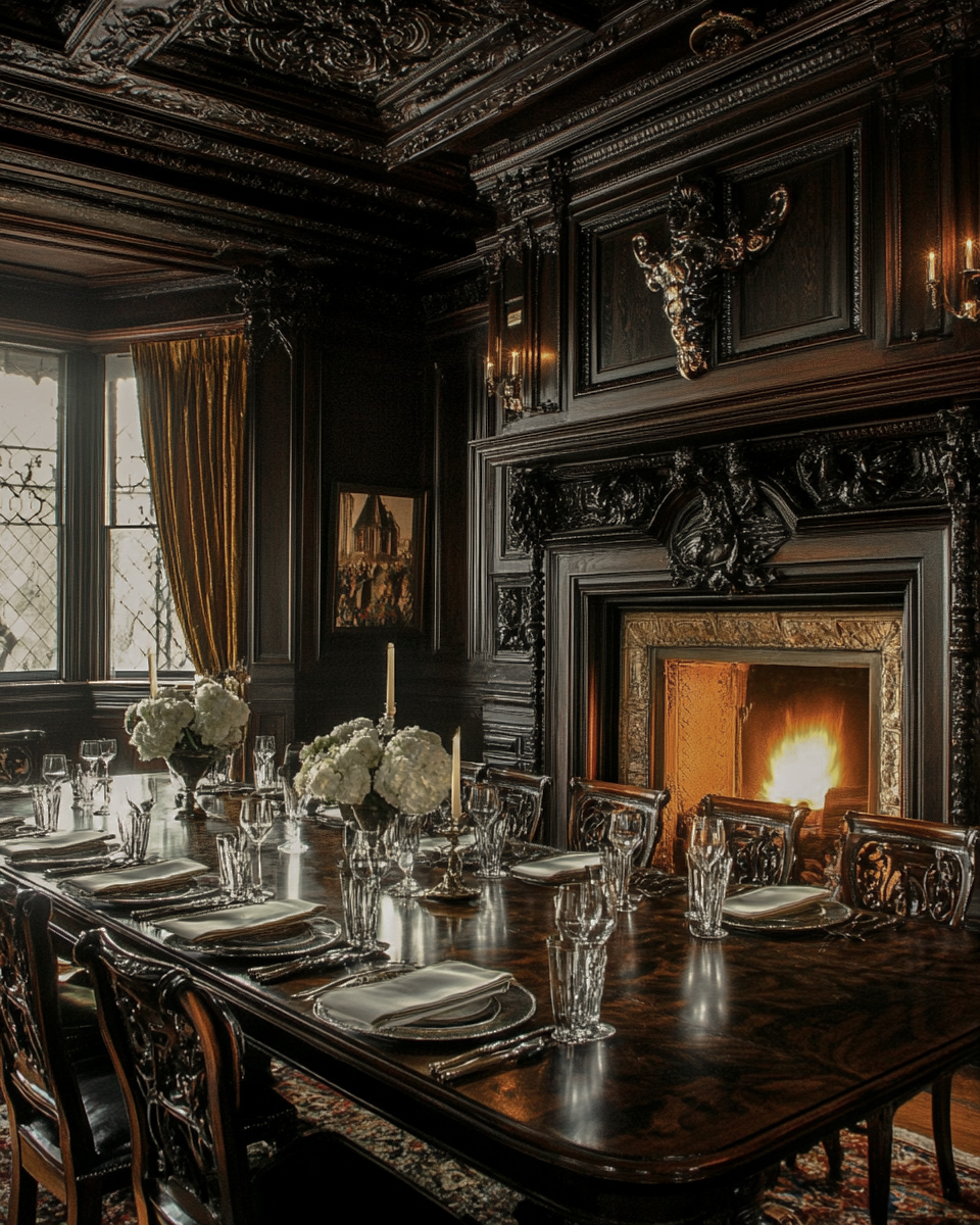 Elegant dining room with fireplace and formal table setting in dark wood paneling