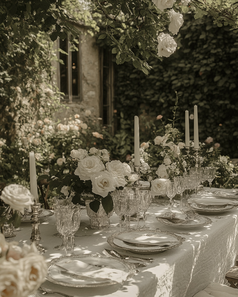 Elegant outdoor table with white roses, candles, and glassware in garden setting for special occasions