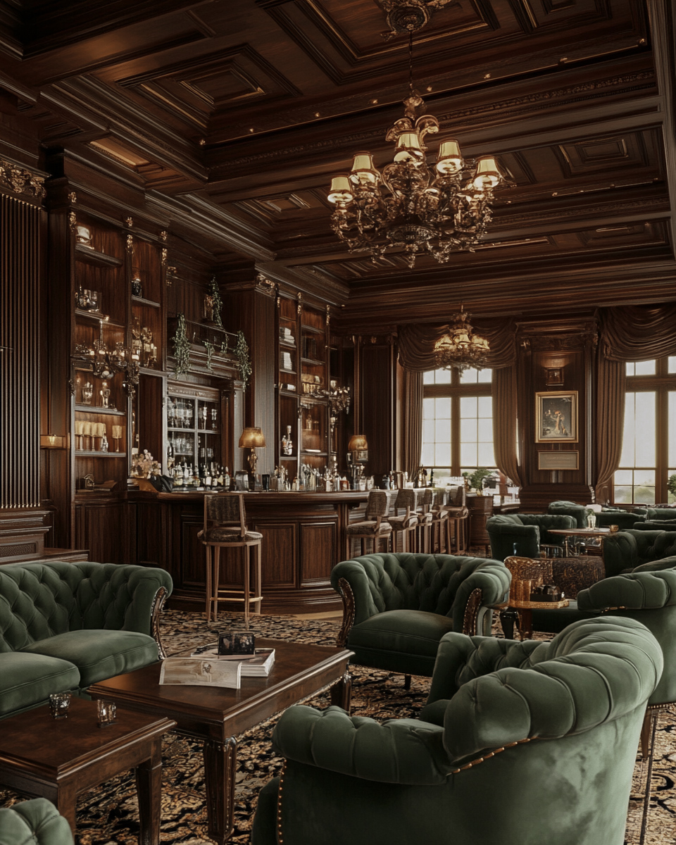 Elegant bar and seating area with wood paneling showing successful private practice environment