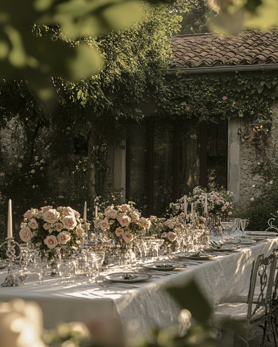 Elegant outdoor dining table with crystal glassware and floral arrangements in garden setting