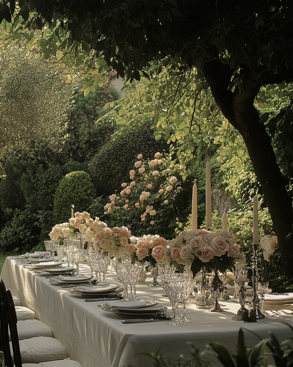 Elegantly set outdoor dining table with floral arrangements and candles, representing the freedom automation brings