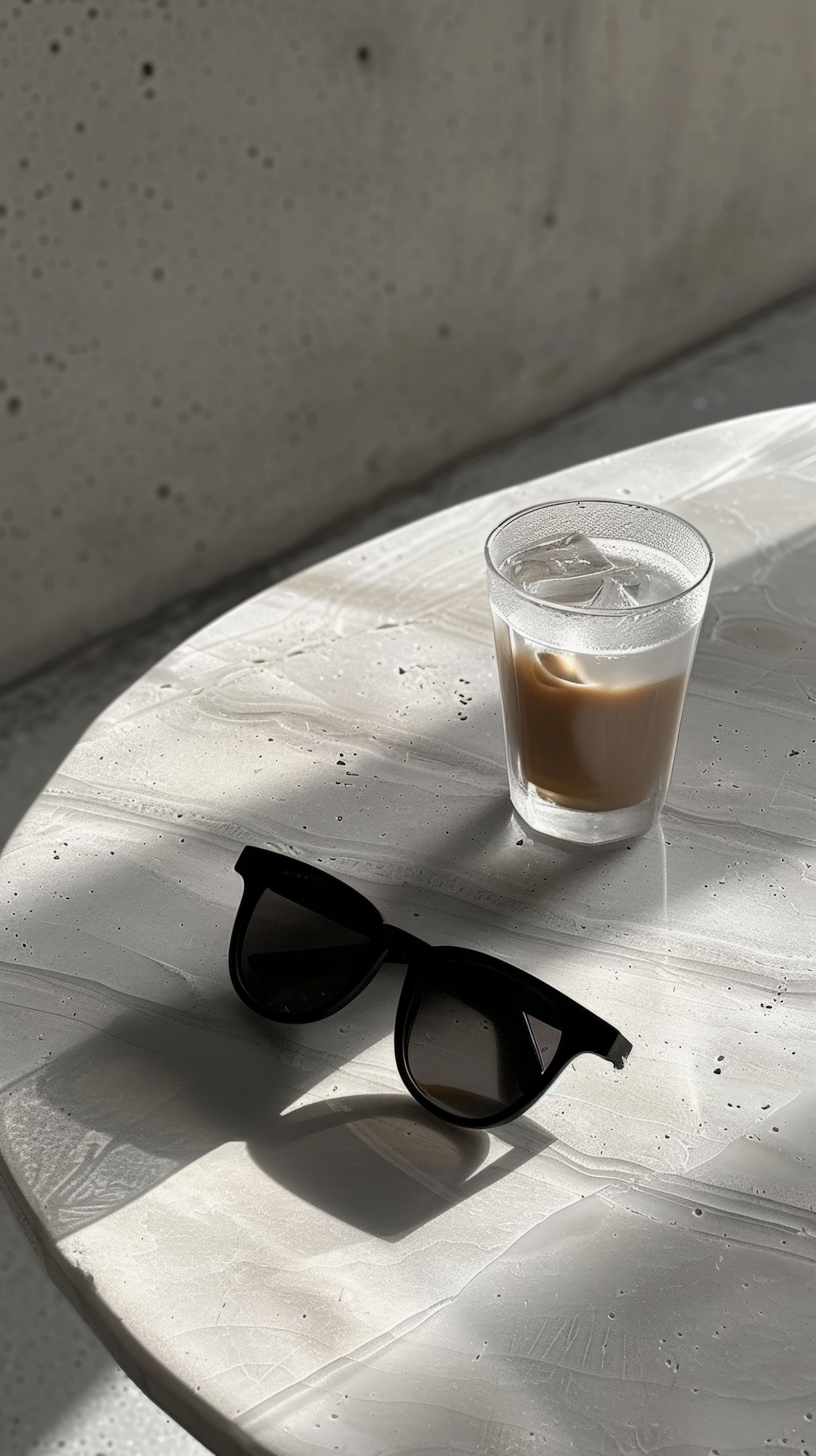 Sunglasses and iced coffee on white surface representing therapist self-care and work-life balance