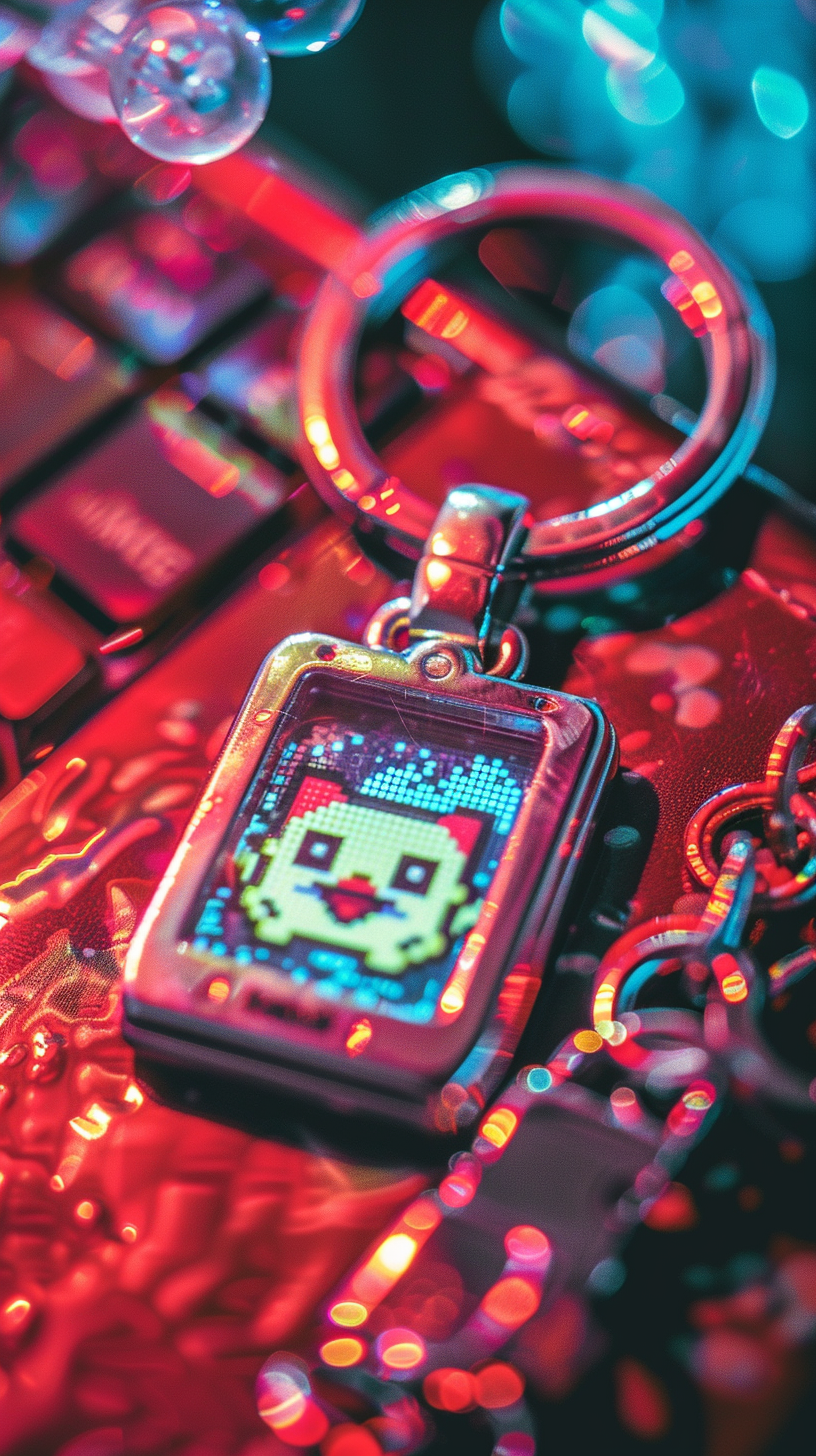 Close-up of a small retro pixelated digital keychain device with bokeh background and metallic sheen