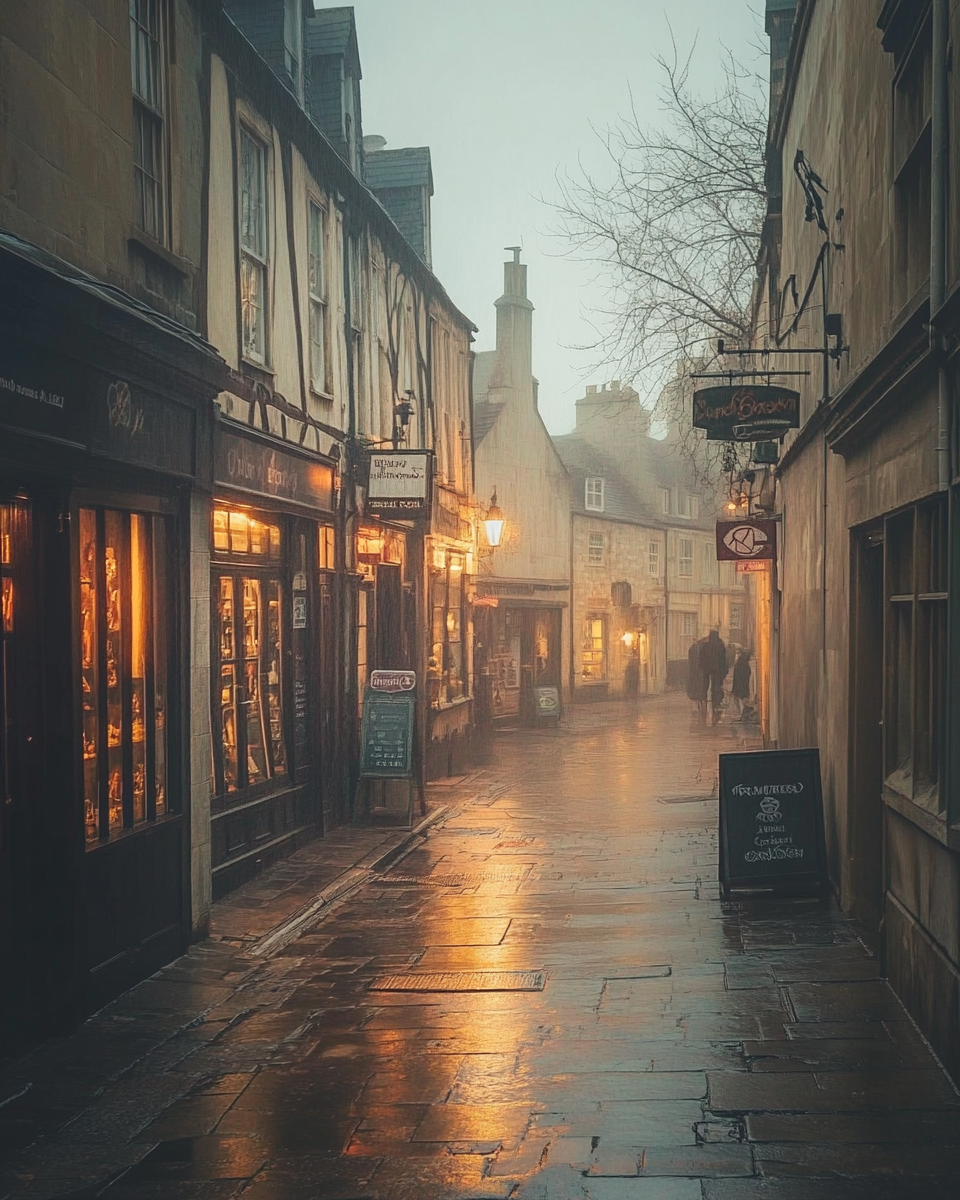 Atmospheric cobblestone street in a historic town on a rainy day with glowing shop fronts and street lamps