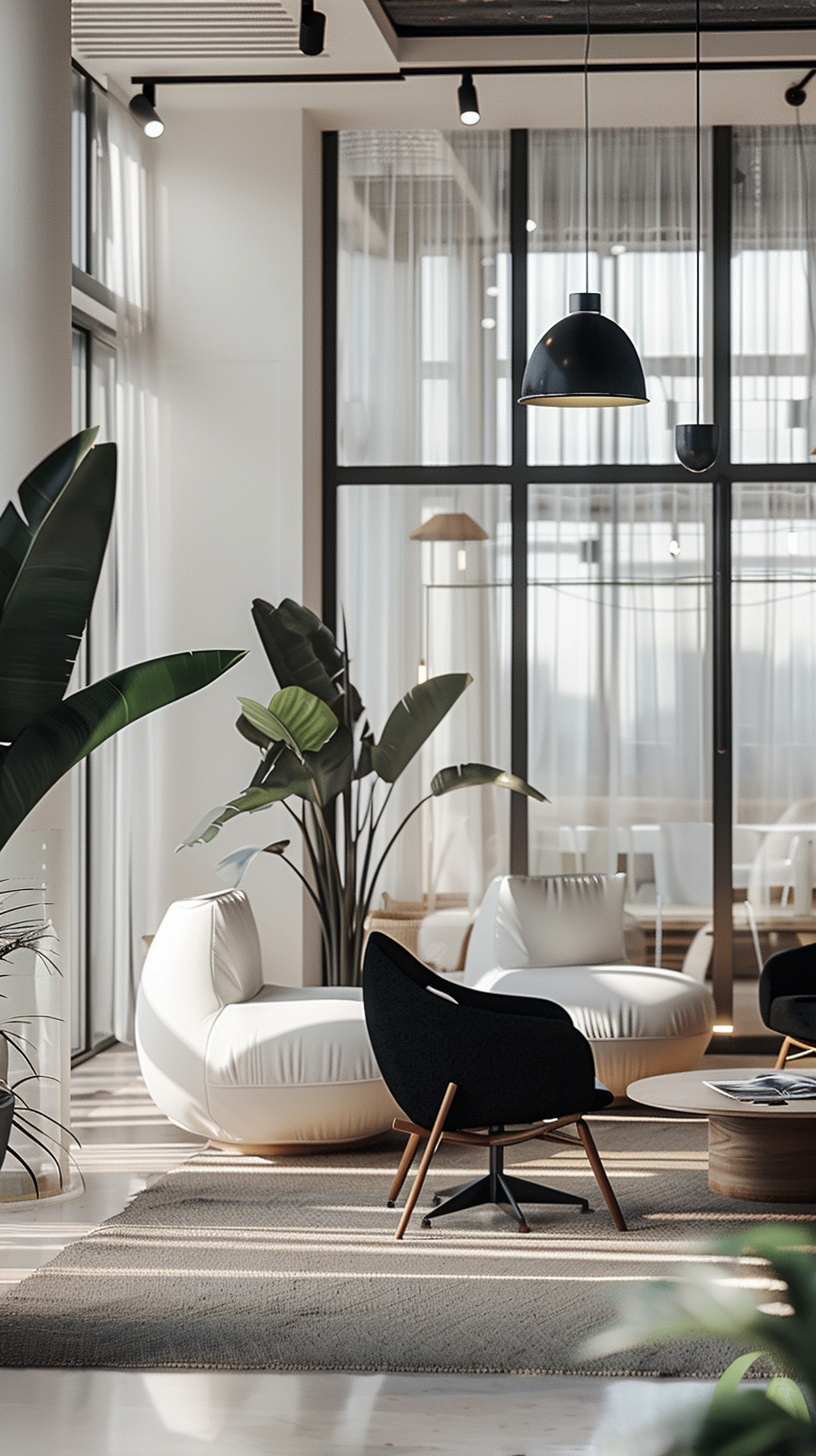 Minimalist modern living room with white sofa, indoor plants, and large windows flooding the space with natural light