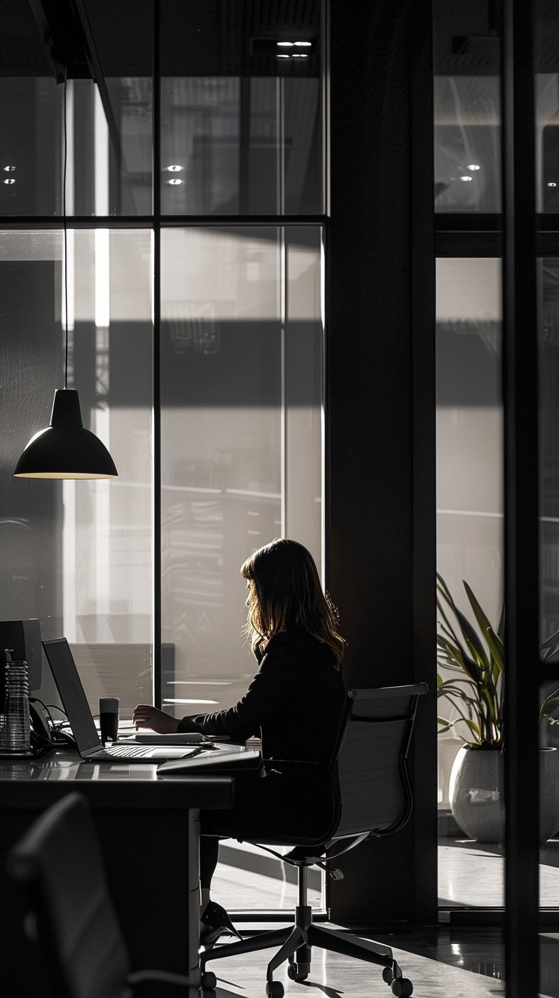 Silhouette of therapist working at modern office desk with laptop showing sustainable private practice workflow