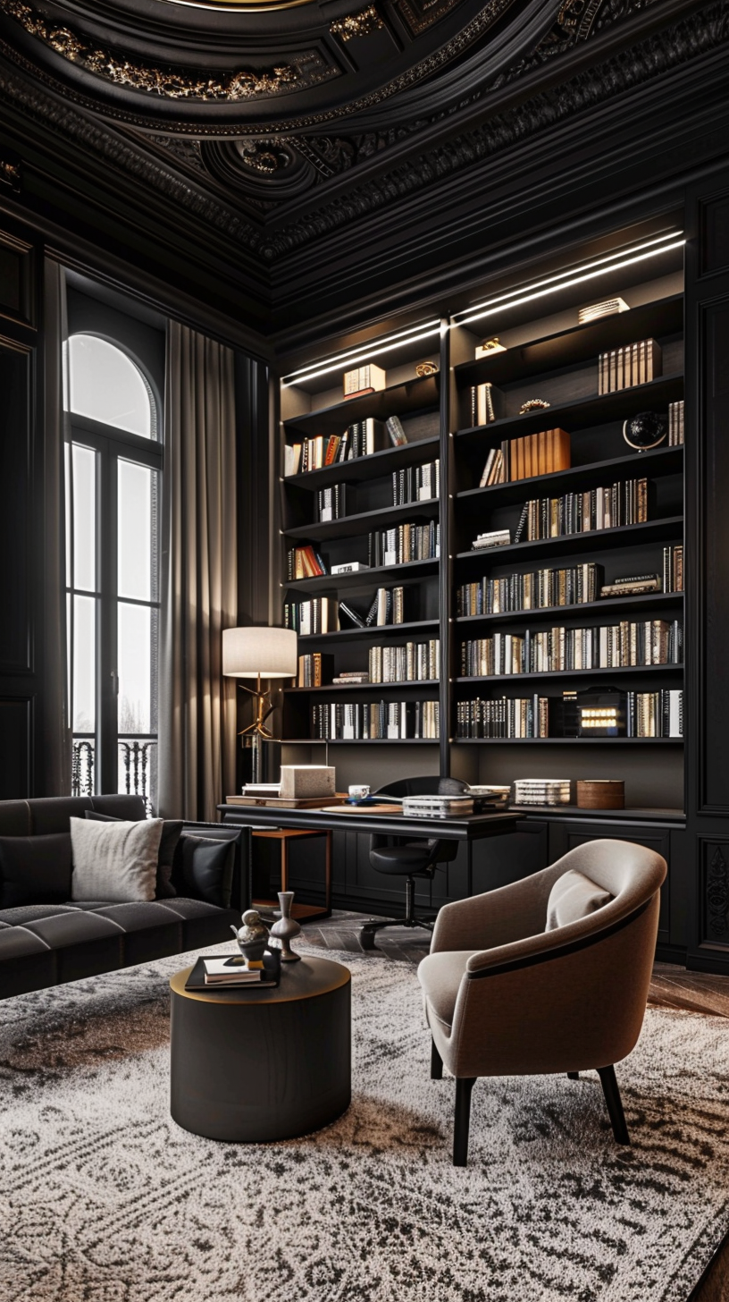 Elegant dark-toned home library with floor-to-ceiling bookshelves, armchairs, and warm lamp lighting