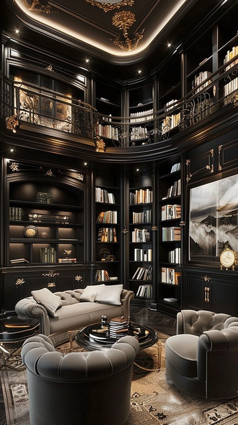 Elegant library with dark wood bookshelves and reading area for therapist continuing education resources