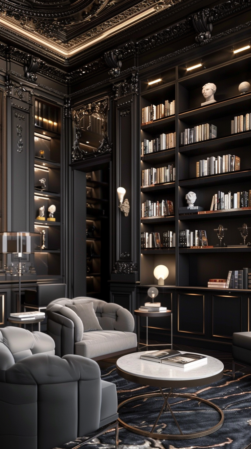 Luxurious library with dark wood bookshelves and armchairs representing successful therapy practice environment