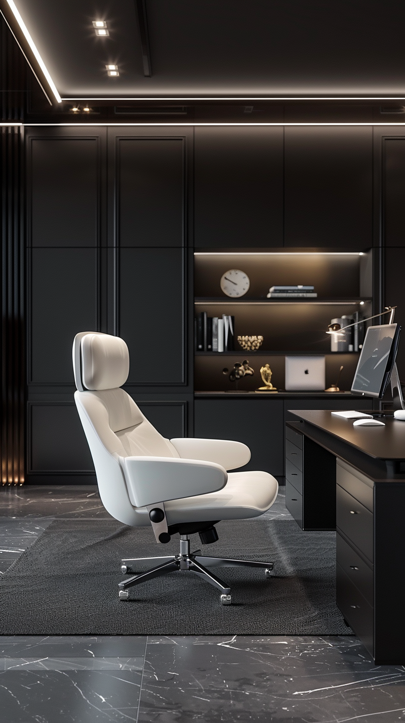 Modern therapy office with white leather chair, dark cabinetry, and sophisticated lighting for private practice
