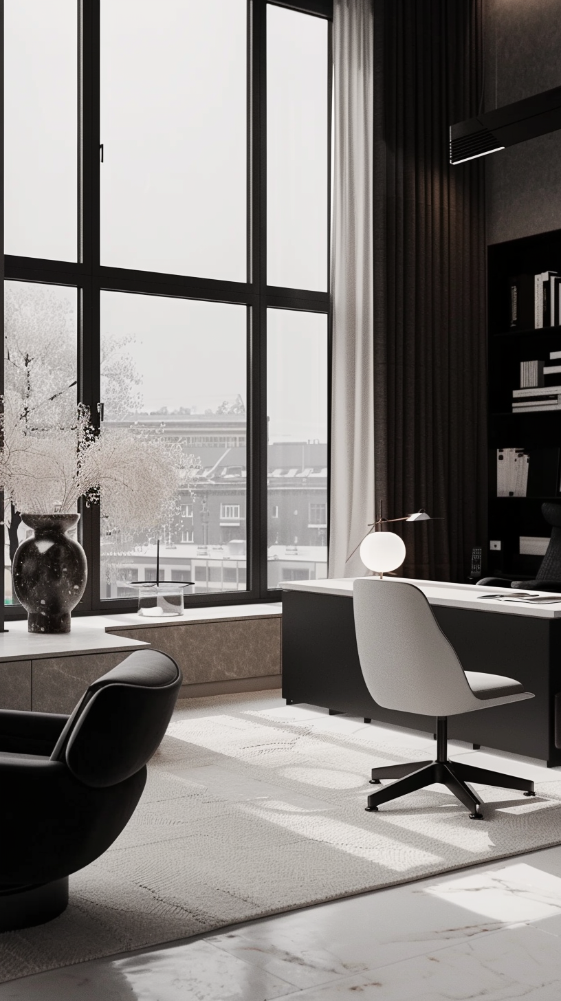 Modern minimalist therapy office with large windows, neutral tones, and clean workspace design