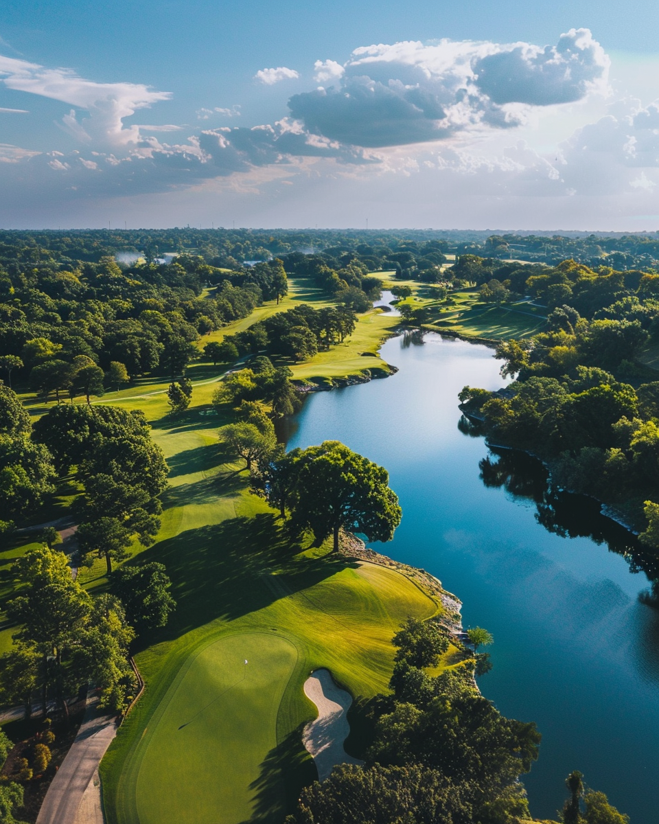 Aerial view of a lush green golf course with a large lake, sand traps, and tree-lined fairways